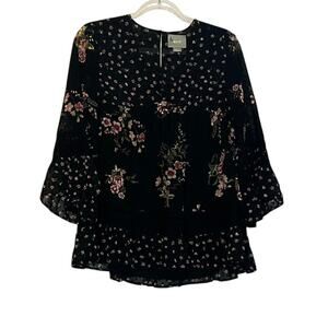 Anthropologie Maeve Steffy Bell Sleeves Floral Black Top S